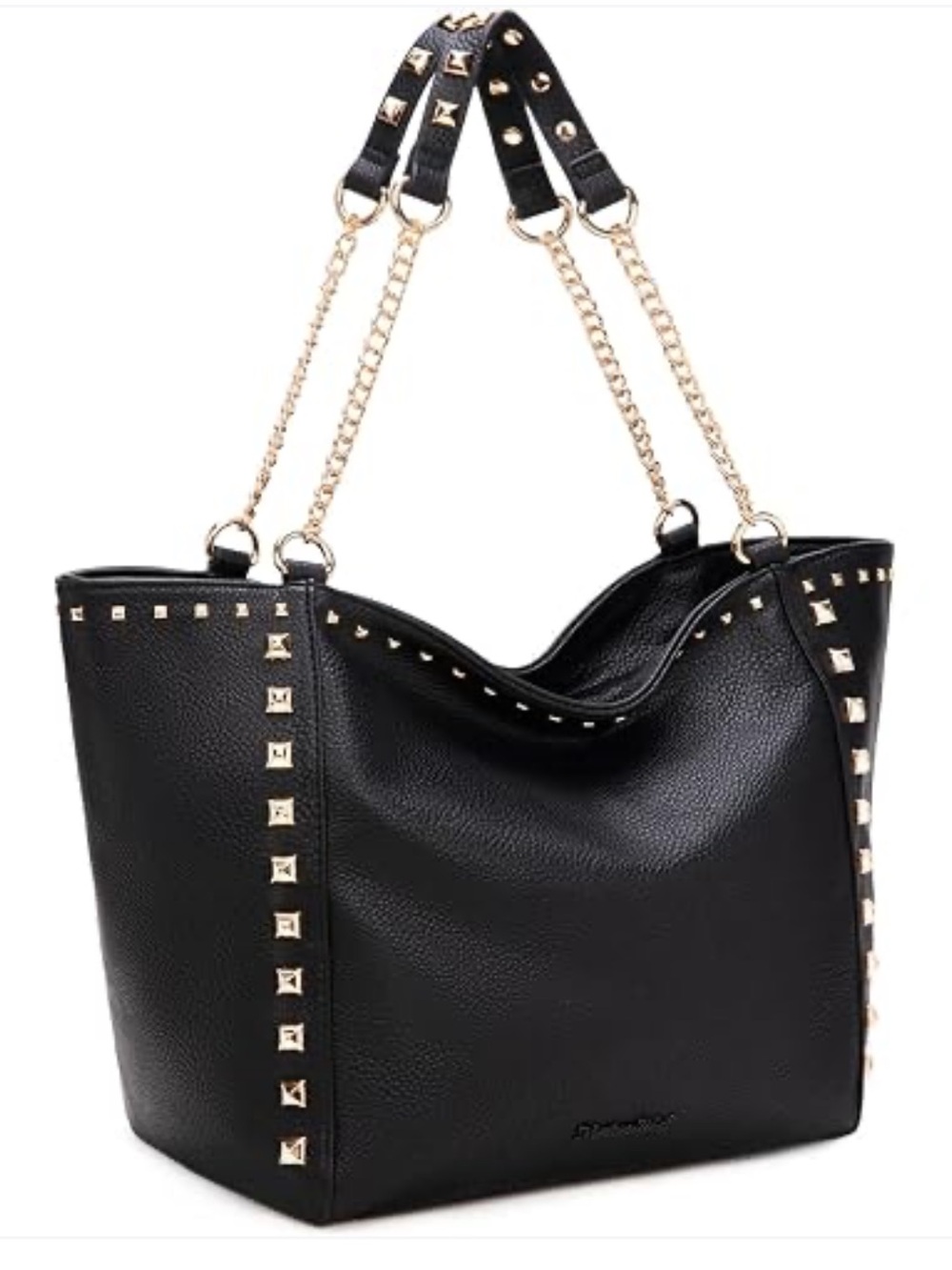 MONTANA WEST GOLD STUDDED LARGE ZIP TOP TOTE BAG BLACK VEGAN LEATHER CHAIN STRAP